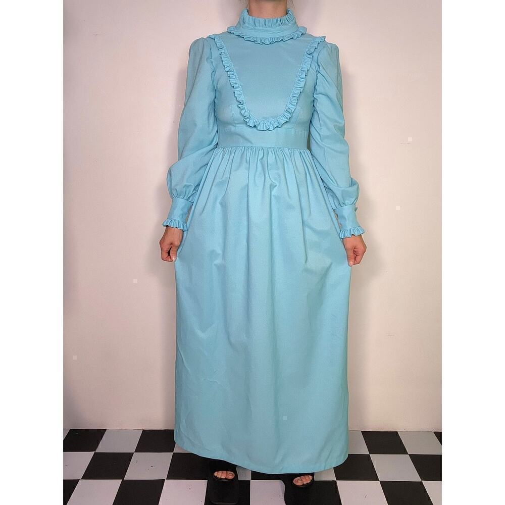 Vtg 60s 70s Handmade Blue Ruffle Prairie Cottage Empire Waist Dress Sz X-Small - Picture 3 of 10